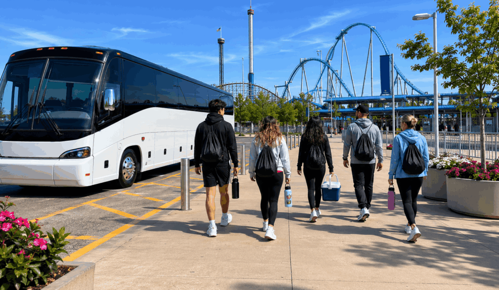 columbus group returning to a charter bus after a cedar point day trip