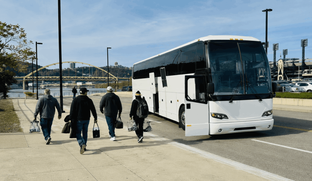 charter bus loading a columbus group for a trip to pittsburgh