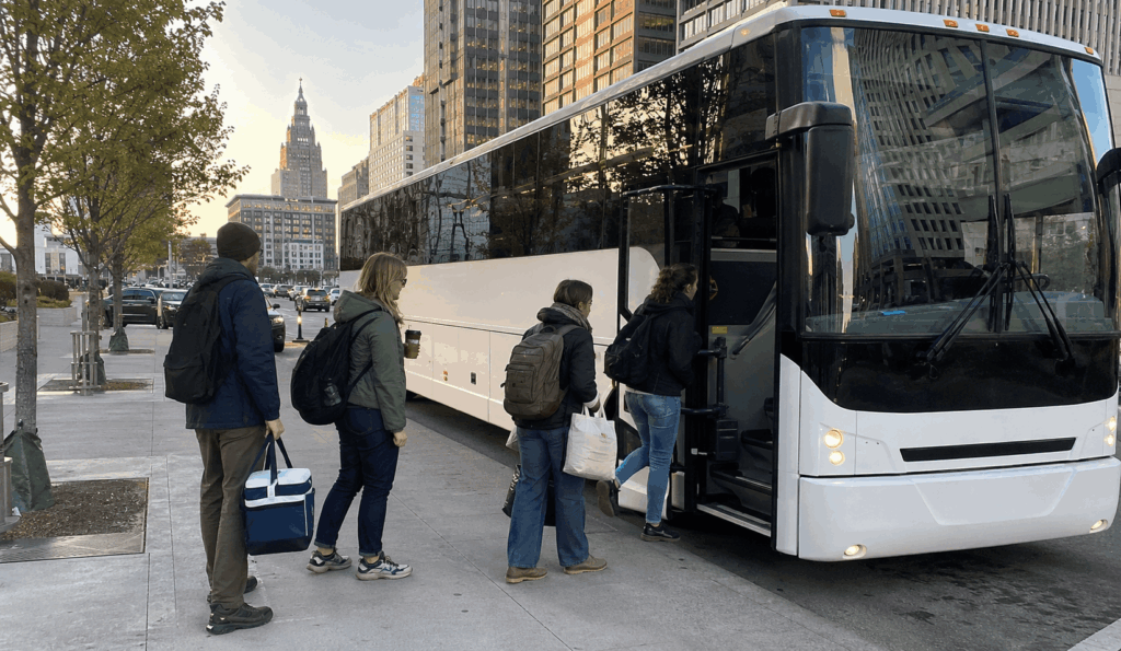 charter bus loading a group in downtown columbus for a day trip from columbus