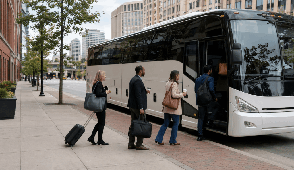 group organizer reviewing charter bus trip details beside a bus in Columbus