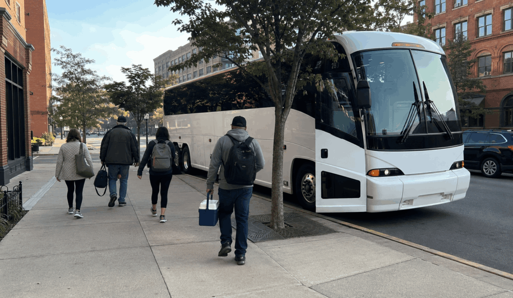 charter bus bringing a group from columbus to pittsburgh for a museum day