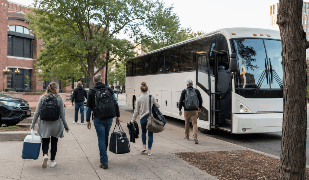 charter bus dropping off a columbus group near pittsburgh’s north shore for a game day trip